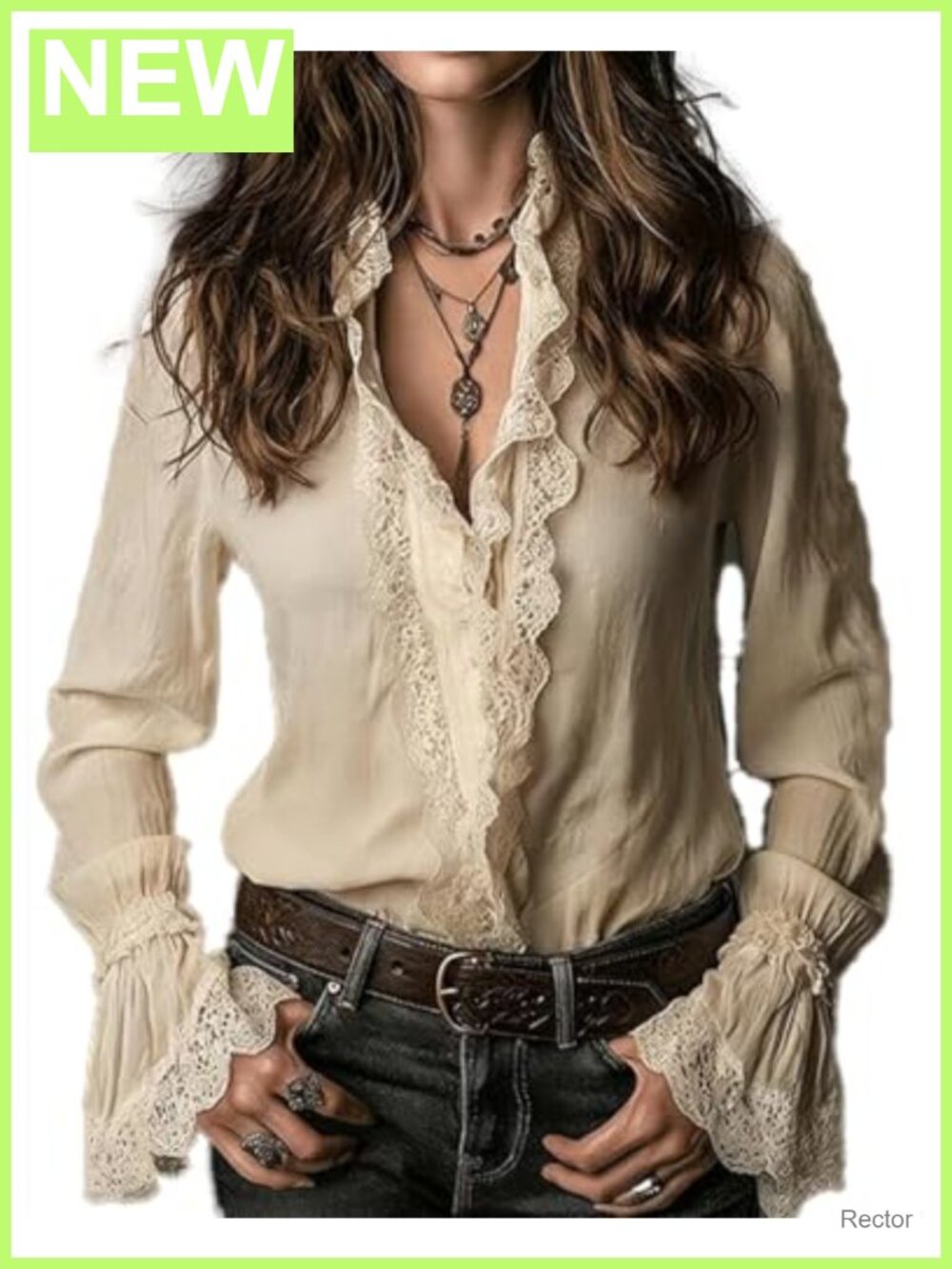 Button Down Shirt Long Sleeve Lace Trim Ruffle Collar Bell Sleeve